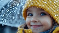 Young girl wearing yellow knit beanie smiling under umbrella during snowfall, close up portrait with bokeh lights and snowflakes, winter lifestyle outdoors.