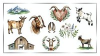 Watercolor farm animals and rustic elements including goat, sheep, deer, barn, and floral wreaths on isolated white background, suitable for agricultural designs and countryside projects.