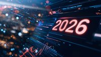 Futuristic digital display showing glowing neon number 2026 with financial graph and abstract data visualization against blurred city lights background.