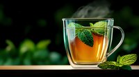 Clear glass mug filled with golden herbal tea garnished with fresh mint leaves on wooden surface against blurred green foliage background for wellness concepts.