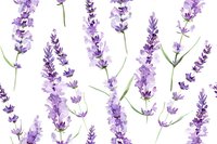 Delicate watercolor lavender flowers and stems in purple hues on white background create seamless pattern for fabric, wallpaper and stationery design.