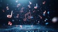 Musical notes floating in dark blue magical space with glowing particles and bokeh effects, creating dreamy atmospheric composition for music and entertainment concepts.
