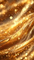 Magical golden glitter wave with sparkling bokeh lights and shimmering particles flowing on luxury brown background for festive holiday designs.