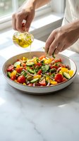 Hands pouring olive oil over fresh Mediterranean salad with tomatoes, peppers, olives and herbs in ceramic bowl on marble counter for healthy cooking.