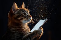 Tabby cat holding smartphone with glowing screen in dark room, magical sparkles and particles floating in air against black background.