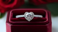 Heart-shaped diamond engagement ring with halo setting in white metal, displayed in burgundy velvet box. Perfect for wedding, jewelry, and luxury retail marketing.