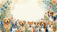 Watercolor dogs and floral border frame with copy space, featuring golden retriever, corgi, beagle, shiba inu, and french bulldog on light background.