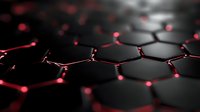 Glowing red molecular structure on dark background with hexagonal pattern and connected nodes showing scientific or technological concept.
