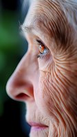 Close-up profile view showing senior woman's eye with detailed wrinkles and natural aging skin texture against blurred green background, capturing wisdom and life experience.