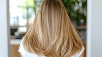 Straight blonde hair with natural highlights shown from behind, demonstrating professional hairstyling result with smooth, layered cut and healthy shine in salon setting.