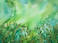 Watercolor botanical border with ornamental foliage, swirling vines, and decorative leaves in green and teal tones. Suitable for backgrounds, invitations, and design projects.