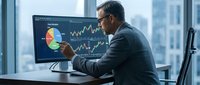 Mature male professional analyst in business suit examining financial data charts and graphs on computer monitor in modern office with city skyline view.