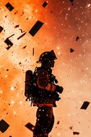 Silhouette of firefighter in protective gear against dramatic orange sky with flying debris and sparks during emergency response operation.