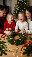 Happy Caucasian family with two little girls making Christmas wreath together at home, laughing and enjoying holiday traditions.