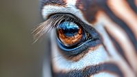 Extreme close-up macro photograph of zebra eye with detailed view of eyelashes, iris pattern and reflections showing wildlife nature photography.