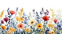 Watercolor wildflowers meadow with red poppies, yellow daisies and blue foliage creates natural border composition on white background. Suitable for fabric design.