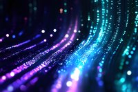 Abstract digital wave pattern with glowing blue and purple light particles flowing in curved lines against dark background, creating futuristic technology effect.