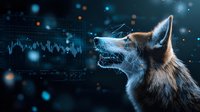 Mystical wolf profile with glowing particles and financial chart in dark background, combining nature and technology in surreal digital art composition.
