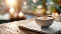Creamy mushroom soup in ceramic bowl on white plate with soft candlelight background creating cozy autumn atmosphere. Perfect for food and lifestyle content.
