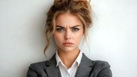 Young businesswoman with serious expression wearing grey suit jacket and white shirt against light background, professional corporate portrait.