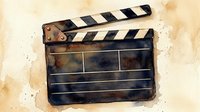 Vintage film clapperboard with worn black and white stripes on textured beige background, used for movie production marking and scene identification.