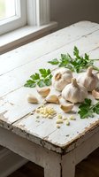 Fresh garlic bulbs and cloves with parsley on rustic white wooden table for cooking and culinary preparation in natural kitchen setting.