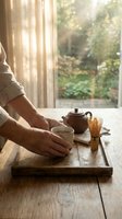 Senior man hands holding tea cup on wooden tray with teapot and bamboo whisk in sunlit room with garden view for mindful morning ritual.