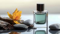 Elegant perfume bottle with zen stones and yellow orchid flower on reflective surface. Spa and wellness composition with aromatic fragrance.