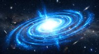 Spiral galaxy with bright blue luminous arms rotating around central core against starry space background for astronomy and science projects.