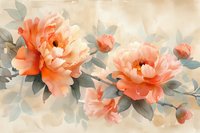Delicate coral peonies with sage green leaves on soft beige background, watercolor style floral composition creates romantic and elegant mood for wall decor.