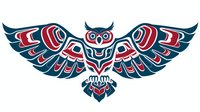 Stylized owl in native Pacific Northwest Coast art style with spread wings featuring traditional formline design in navy blue and red colors on white background.