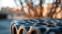 Macro shot of metal grating with honeycomb pattern captured during golden hour, creating dramatic shadows and highlights with shallow depth of field and bokeh effect.
