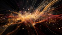 Abstract cosmic explosion with glowing golden and red energy waves against dark background, sparkling particles creating dynamic light trails and magical atmosphere.