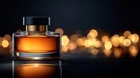 Elegant amber perfume bottle with gold cap against dark background, illuminated by warm bokeh lights for luxury fragrance advertising.