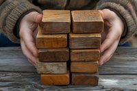 Hands holding stack of natural wooden blocks showing authentic wood grain texture and warm tones on rustic table background for construction projects.