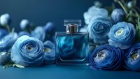 Blue glass perfume bottle surrounded by fresh ranunculus flowers in matching blue tones against dark background, creating luxurious fragrance composition.