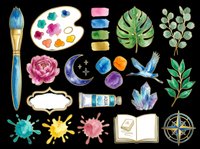 Watercolor painting brush, artist palette with colorful paints, paint tubes, tropical monstera and eucalyptus leaves, celestial moon and stars, crystals, flying bird, decorative frames, open book, compass rose, and colorful paint splatters isolated on transparent background. Ready for t-shirt designs, stickers, clipart, sublimation, and print-on-demand projects.