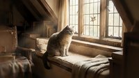 Tabby cat sitting on wooden bench by large window with sunlight streaming through panes in rustic interior space.