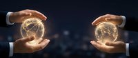 Business hands protecting glowing Earth globes symbolizing environmental responsibility and global sustainability in corporate world.