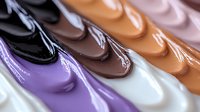 Diagonal rows of glossy nail polish swatches in purple, brown, white and nude shades creating smooth curved lines with reflective surface texture.