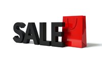 Bold black SALE letters with a red shopping bag on white background, promoting retail discount events, seasonal clearance, and special offers.