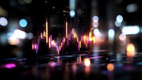 Vibrant audio waveform visualization with colorful neon lights reflecting on dark surface against blurred bokeh background, modern music equalizer display.