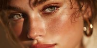 Young woman with freckles and natural makeup in warm golden sunlight. Close-up portrait showing glowing skin and green eyes for beauty and skincare concepts.