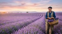 Mature male farmer with gray beard and cap holding wicker basket in expansive lavender field at sunset, rows of purple flowers extending to horizon, warm golden light, agricultural harvest scene.