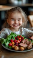 Young Caucasian girl with bright smile holding plate of healthy dinner with fresh berries, grilled meat, potatoes and green lettuce. Natural lighting, lifestyle food photography.