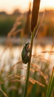 Small frog clinging to plant stem in wetland habitat at sunrise with golden light and blurred marsh vegetation background.