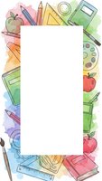Watercolor school supplies frame with blank white space for text, featuring pencils, books, apples and art materials on colorful background.