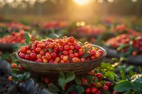 Fresh ripe red berries in rustic wooden bowl at sunset in garden. Harvest of organic cranberries or lingonberries with natural bokeh background.