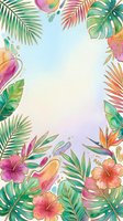 Watercolor tropical frame with hibiscus flowers, monstera and palm leaves, pastel gradient background with gold accents, copy space for text.