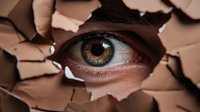 Green human eye peering through torn brown paper hole, dramatic close-up macro photography showing detailed iris texture and eyelashes in mysterious composition.